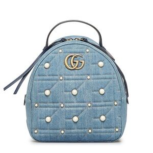 Blue Denim Backpack with Pearl Accents